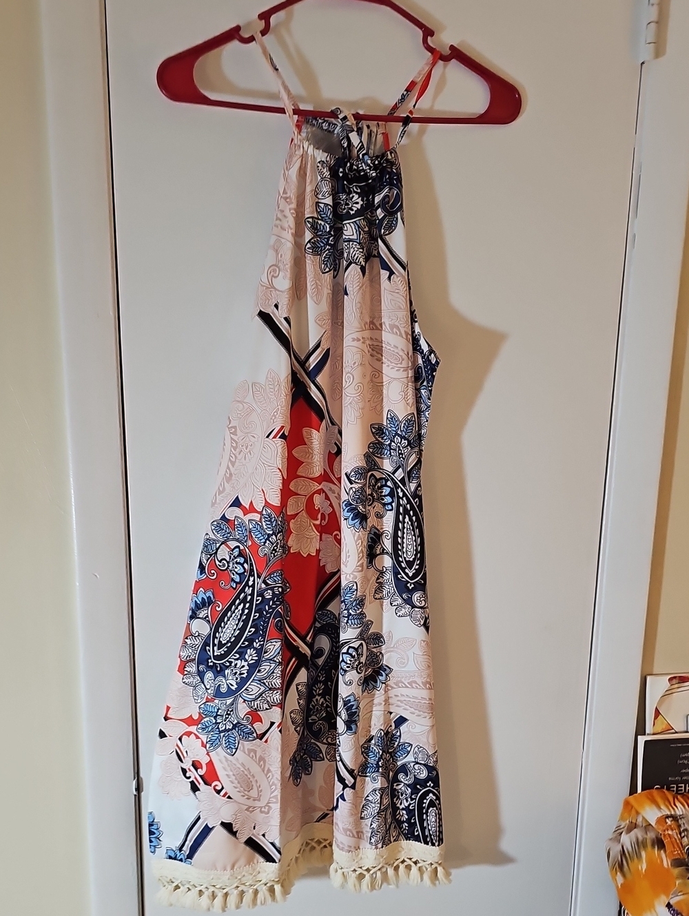 Boho Paisley Halter Summer Dress in Cream, Blue & Red